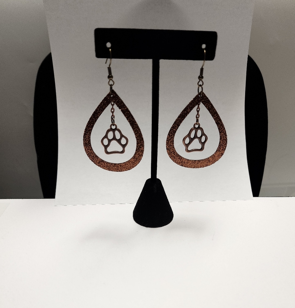 Handmade glitter faux leather dangle earrings with paw print charm